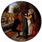 Wife Canvas Paintings - A Flemish Proverb 'A Wife Hiding Her Infidelity From Her Husband Under A Blue Cloak'